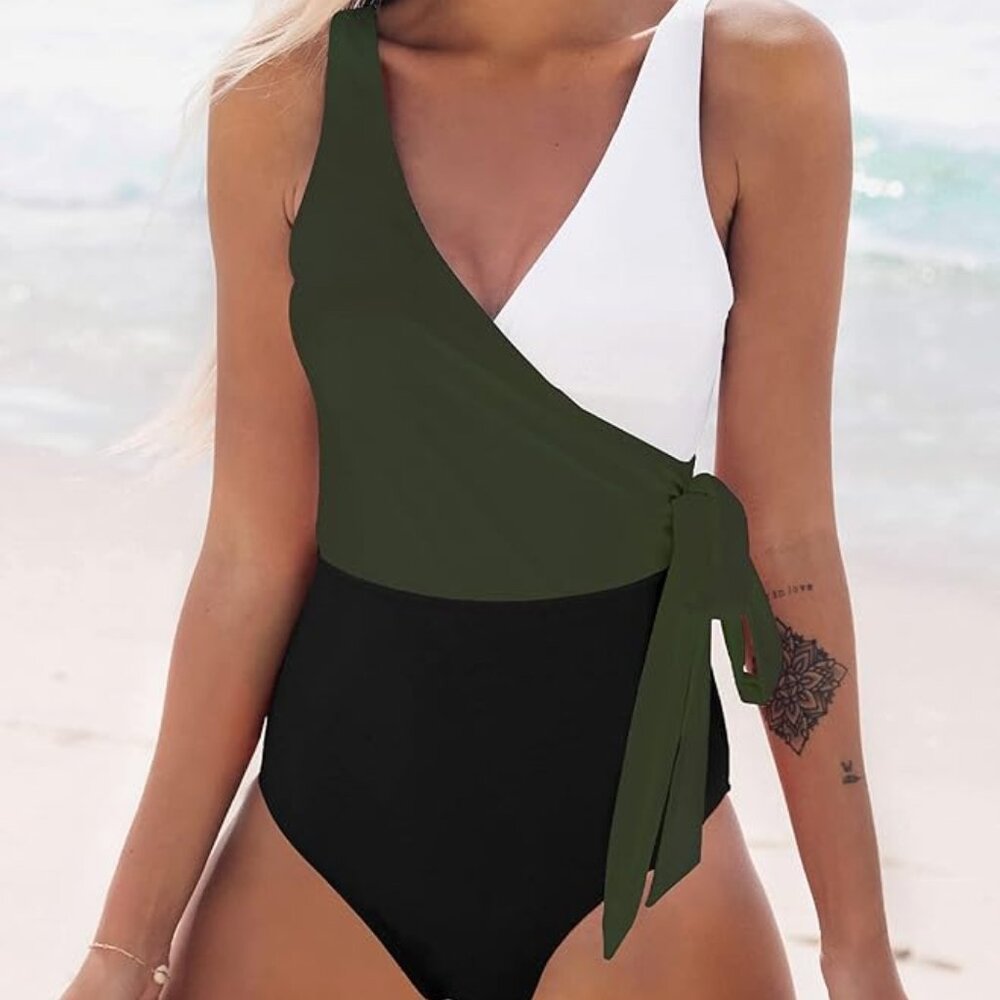 NWT CUPSHE Women's One Piece Swimsuit Wrap Color Block Tie Side Bathing Suit